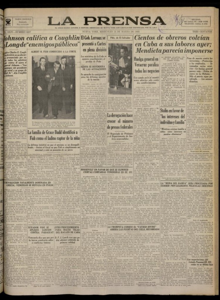 Miniatura de La Prensa: único diario español e hispano americano en Nueva York del 13 de marzo de 1935, nº 5657