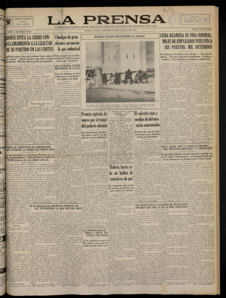 Miniatura de La Prensa: único diario español e hispano americano en Nueva York del 15 de marzo de 1935, nº 5659