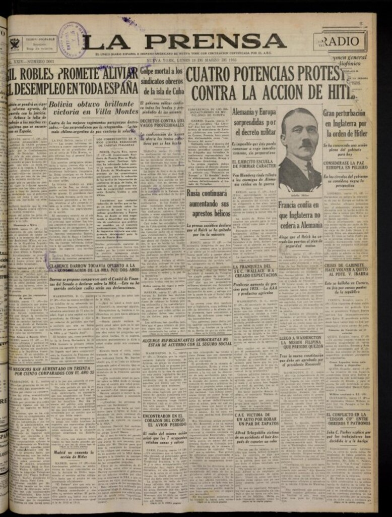 Miniatura de La Prensa: único diario español e hispano americano en Nueva York del 18 de marzo de 1935, nº 5661