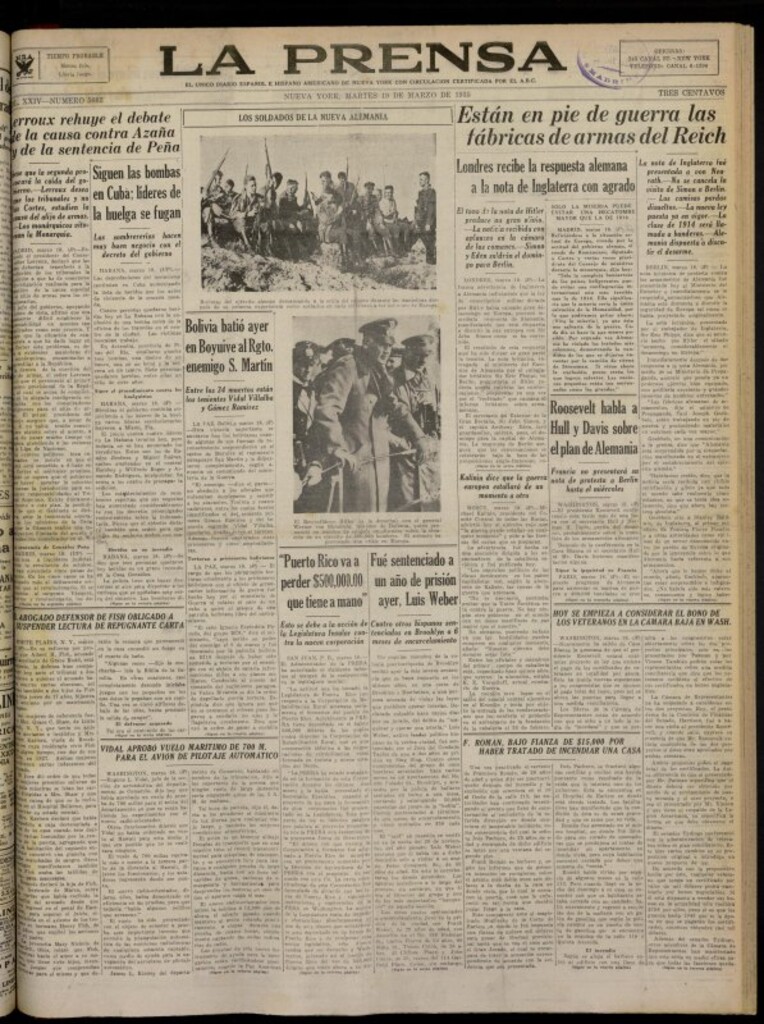 Miniatura de La Prensa: único diario español e hispano americano en Nueva York del 19 de marzo de 1935, nº 5662