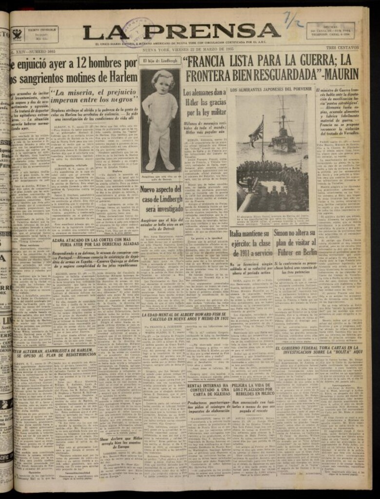 Miniatura de La Prensa: único diario español e hispano americano en Nueva York del 22 de marzo de 1935, nº 5665