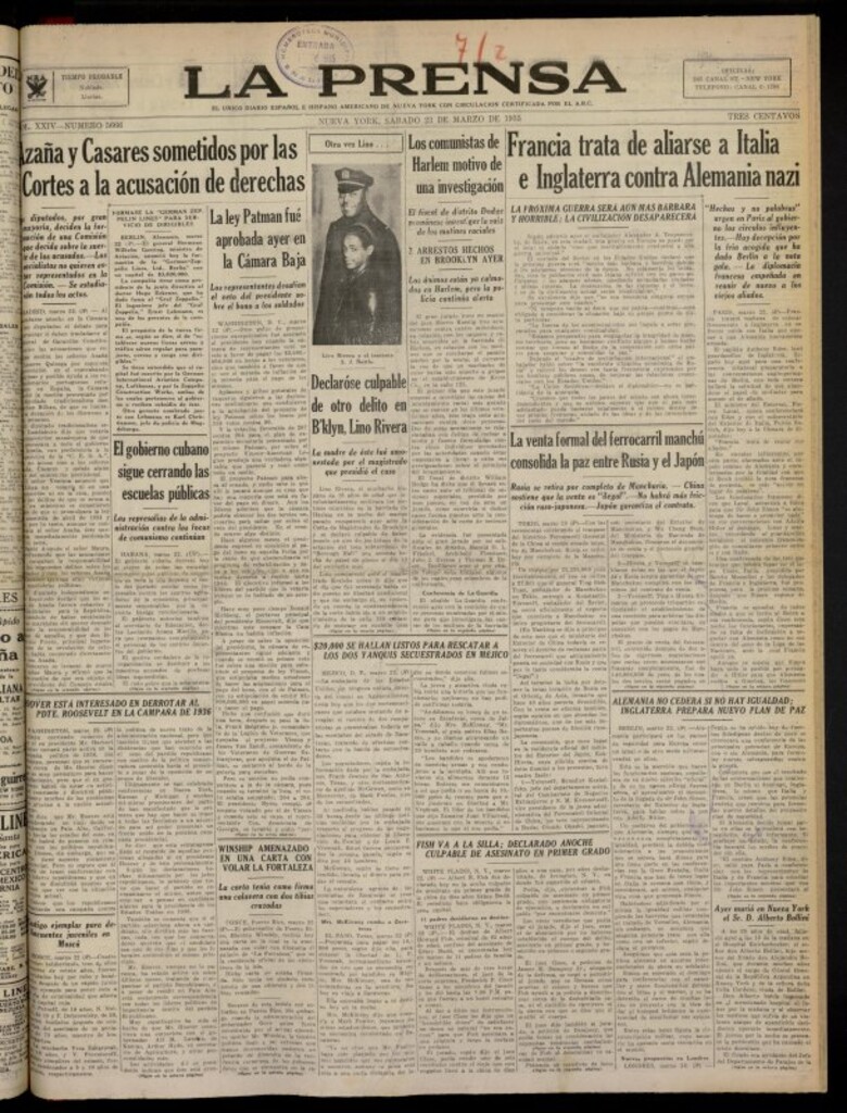 Miniatura de La Prensa: único diario español e hispano americano en Nueva York del 23 de marzo de 1935, nº 5666