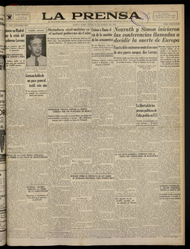 Miniatura de La Prensa: único diario español e hispano americano en Nueva York del 25 de marzo de 1935, nº 5667