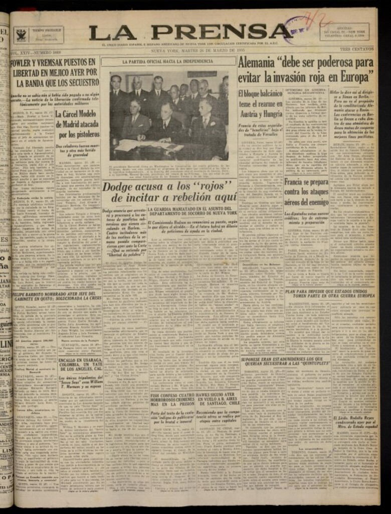 Miniatura de La Prensa: único diario español e hispano americano en Nueva York del 26 de marzo de 1935, nº 5668