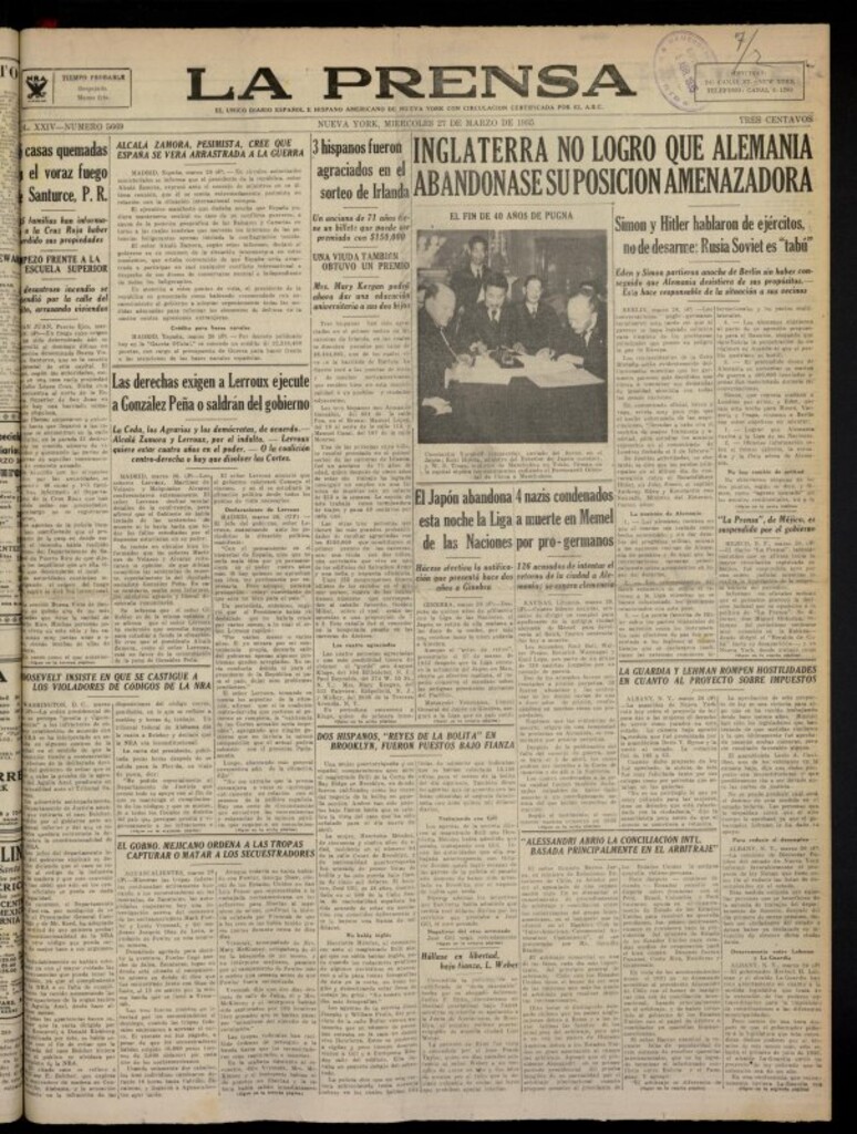 Miniatura de La Prensa : único diario español e hispano americano en Nueva York del 27 de marzo de 1935, nº 5669