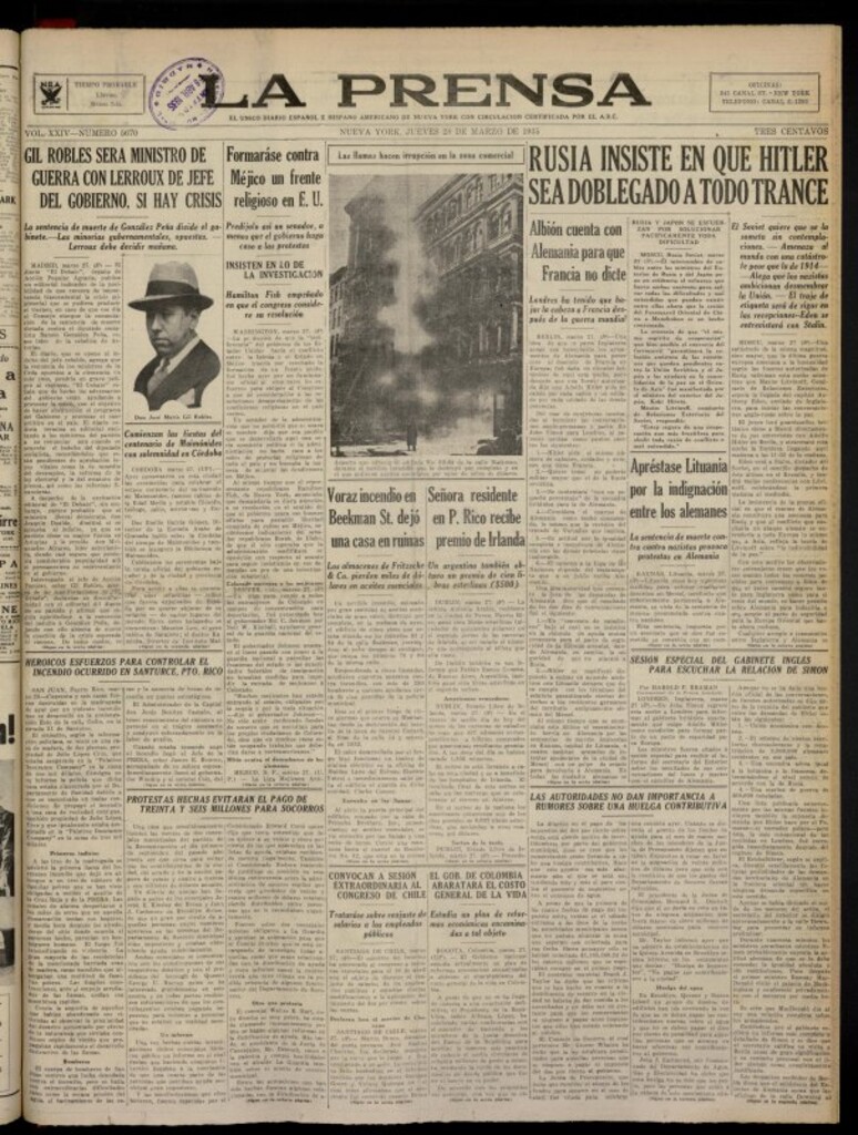 Miniatura de La Prensa: único diario español e hispano americano en Nueva York del 28 de marzo de 1935, nº 5670