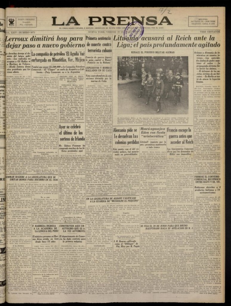 Miniatura de La Prensa: único diario español e hispano americano en Nueva York del 29 de marzo de 1935, nº 5671