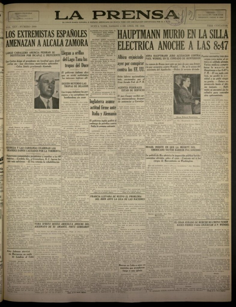 Miniatura de La Prensa: único diario español e hispano americano en Nueva York del 4 de abril de 1936, nº 5990