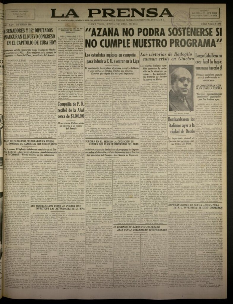 Miniatura de La Prensa: único diario español e hispano americano en Nueva York del 6 de abril de 1936, nº 5991