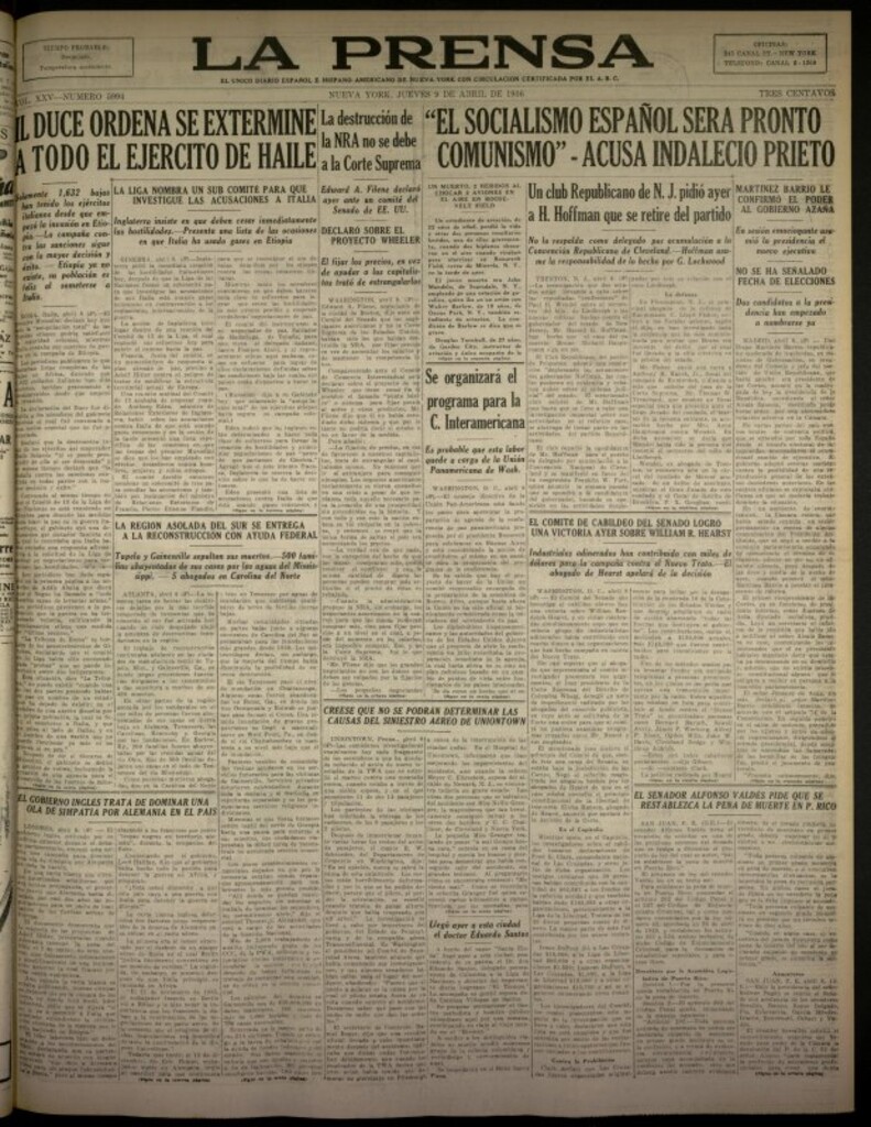 Miniatura de La Prensa: único diario español e hispano americano en Nueva York del 9 de abril de 1936, nº 5994