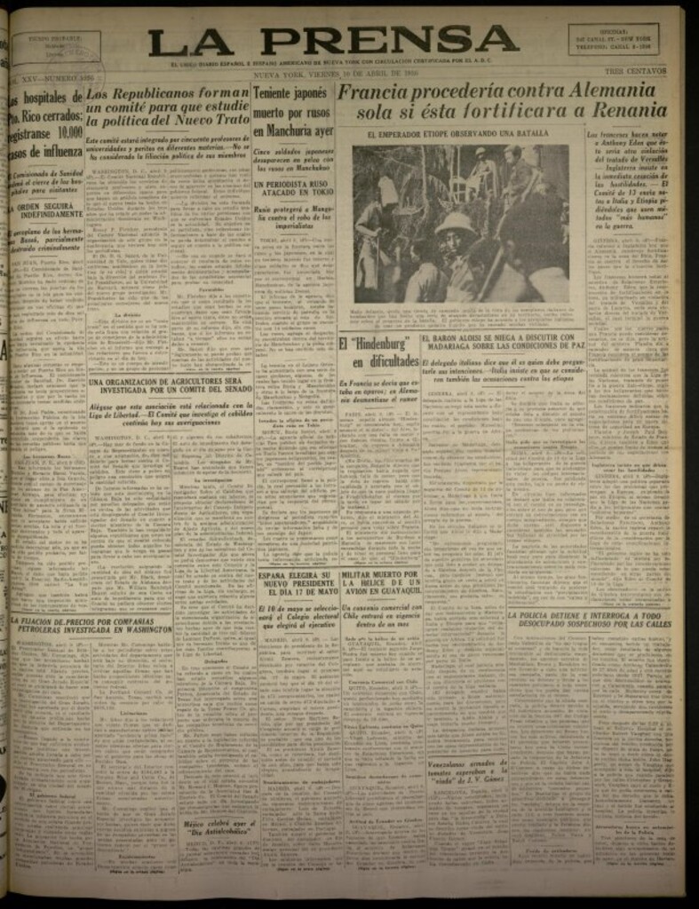 Miniatura de La Prensa: único diario español e hispano americano en Nueva York del 10 de abril de 1936, nº 5995