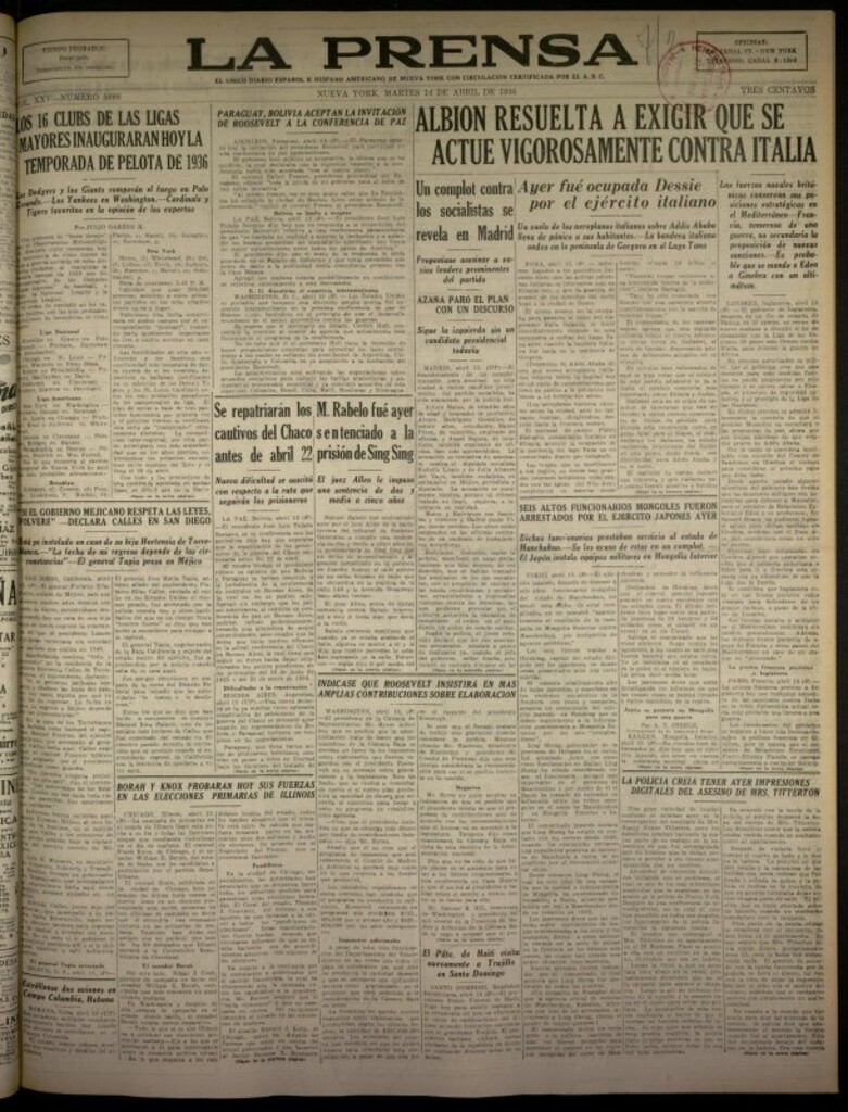 Miniatura de La Prensa: único diario español e hispano americano en Nueva York del 14 de abril de 1936, nº 5998