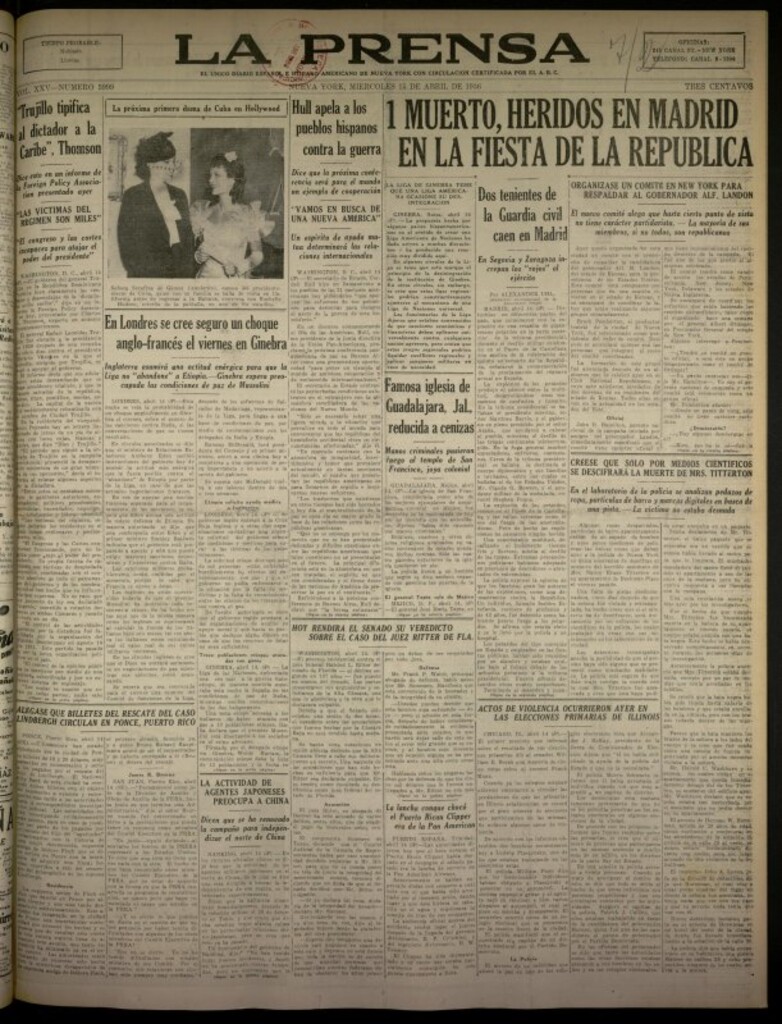 Miniatura de La Prensa: único diario español e hispano americano en Nueva York del 15 de abril de 1936, nº 5999