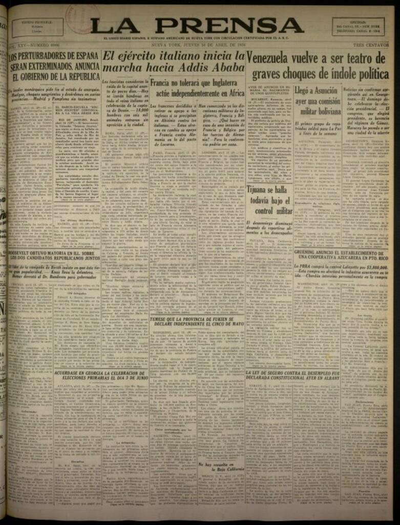 Miniatura de La Prensa: único diario español e hispano americano en Nueva York del 16 de abril de 1936, nº 6000