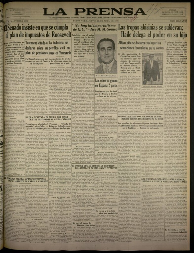 Miniatura de La Prensa: único diario español e hispano americano en Nueva York del 23 de abril de 1936, nº 6006