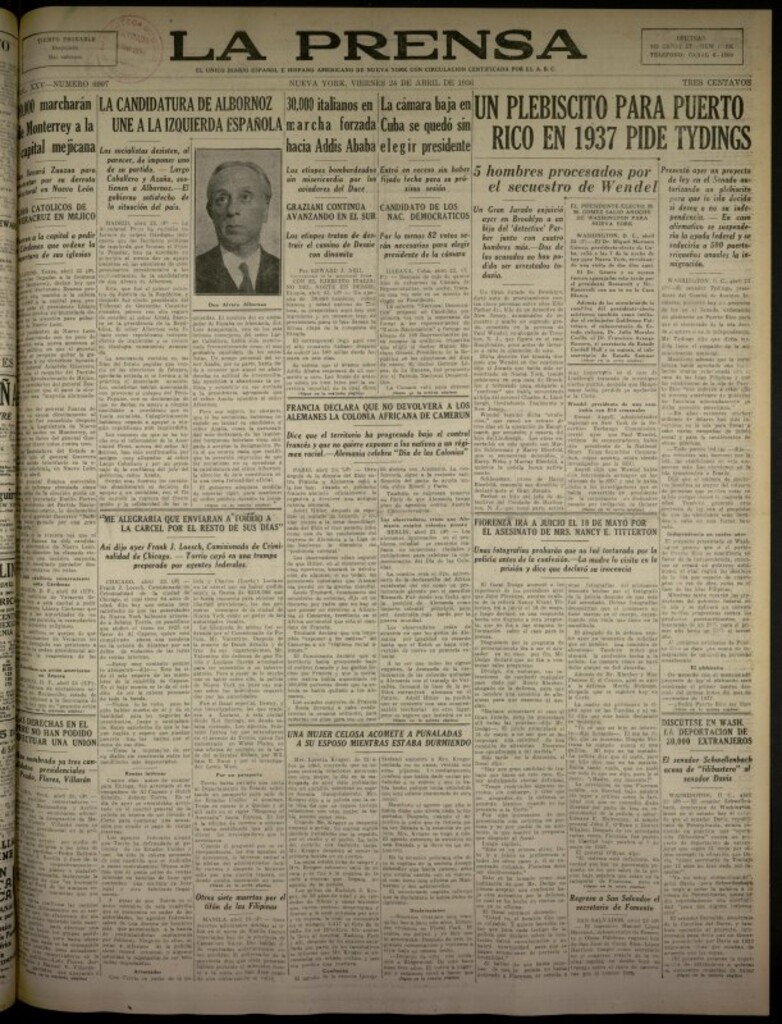 Miniatura de La Prensa: único diario español e hispano americano en Nueva York del 24 de abril de 1936, nº 6007