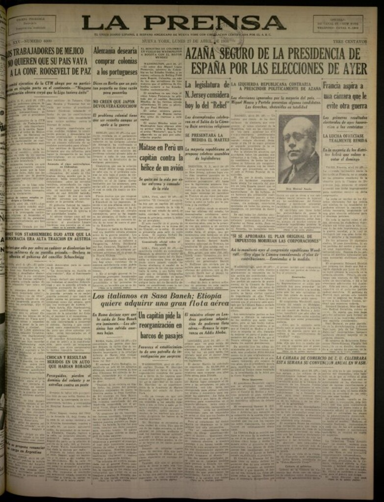Miniatura de La Prensa: único diario español e hispano americano en Nueva York del 27 de abril de 1936, nº 6009