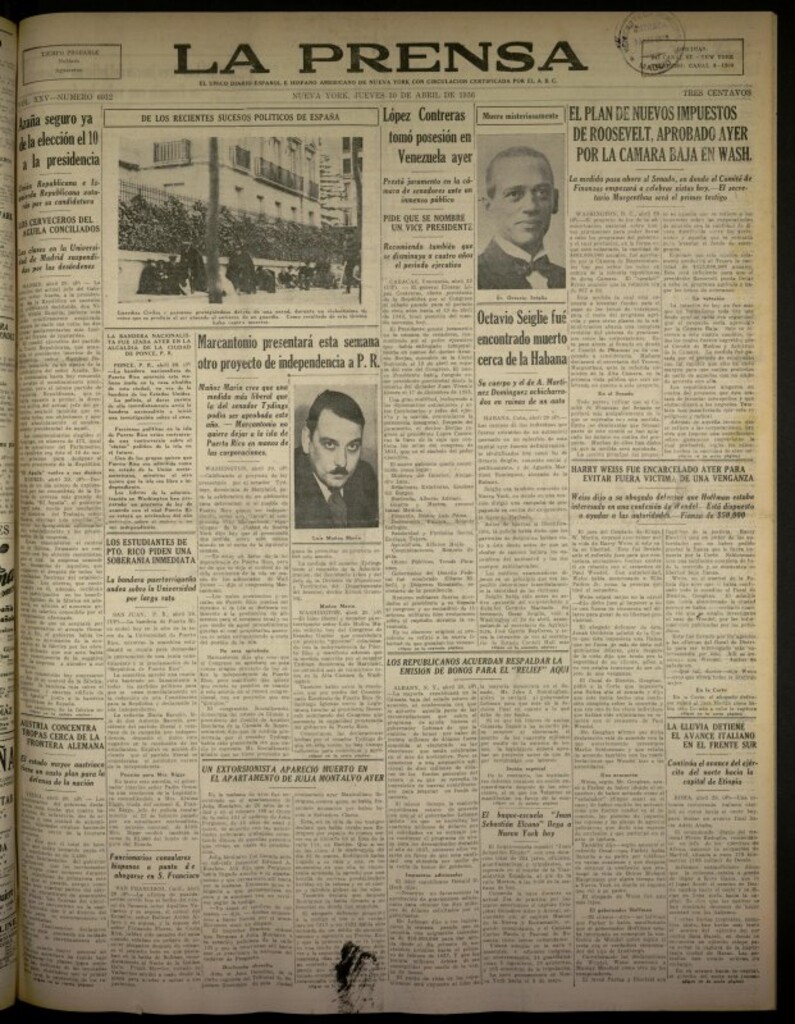 Miniatura de La Prensa: único diario español e hispano americano en Nueva York del 30 de abril de 1936, nº 6012