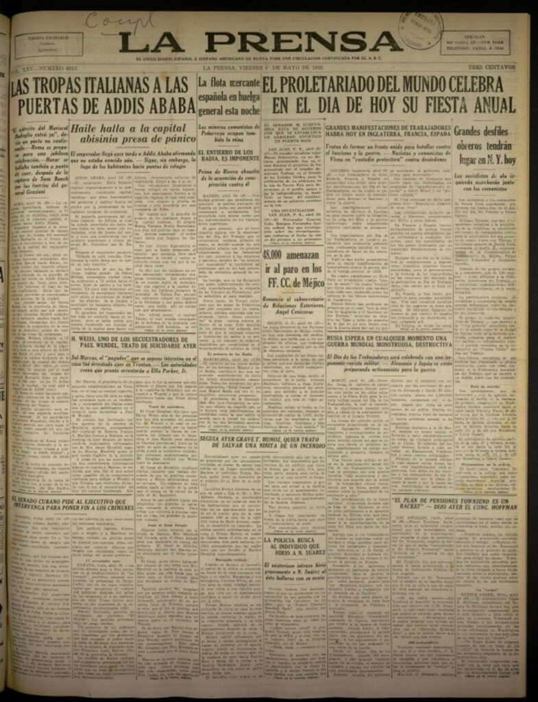 Miniatura de La Prensa: único diario español e hispano americano en Nueva York del 1 de mayo de 1936, nº 6013