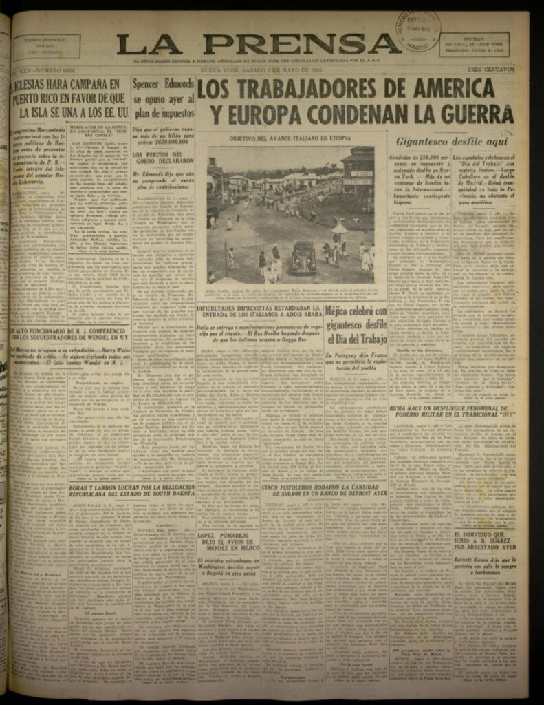 Miniatura de La Prensa: único diario español e hispano americano en Nueva York del 2 de mayo de 1936, nº 6014