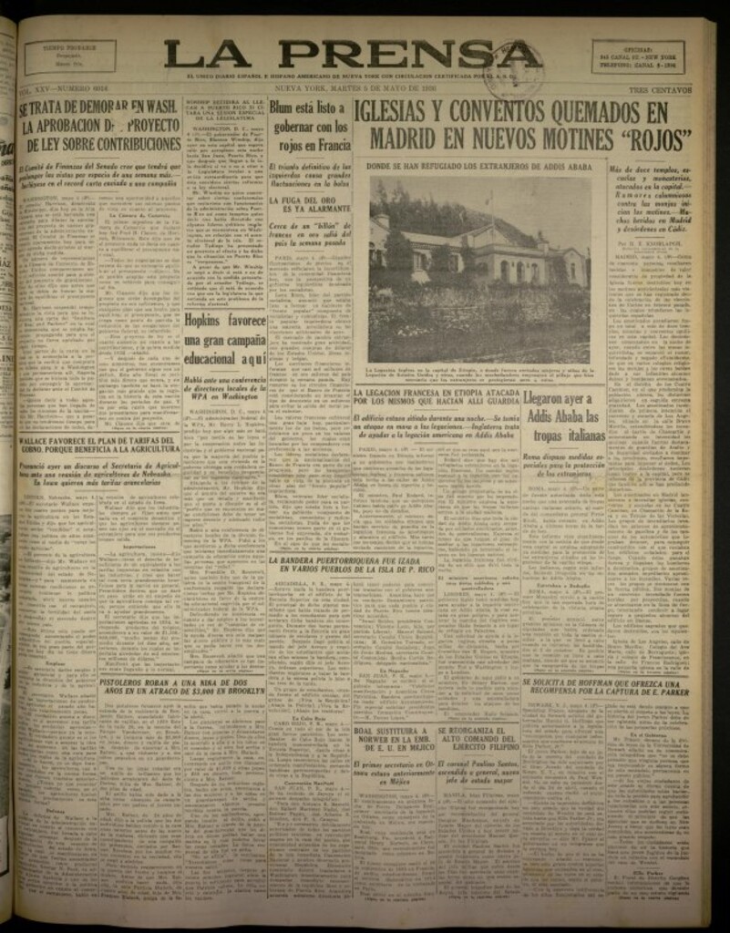 Miniatura de La Prensa: único diario español e hispano americano en Nueva York del 5 de mayo de 1936, nº 6016