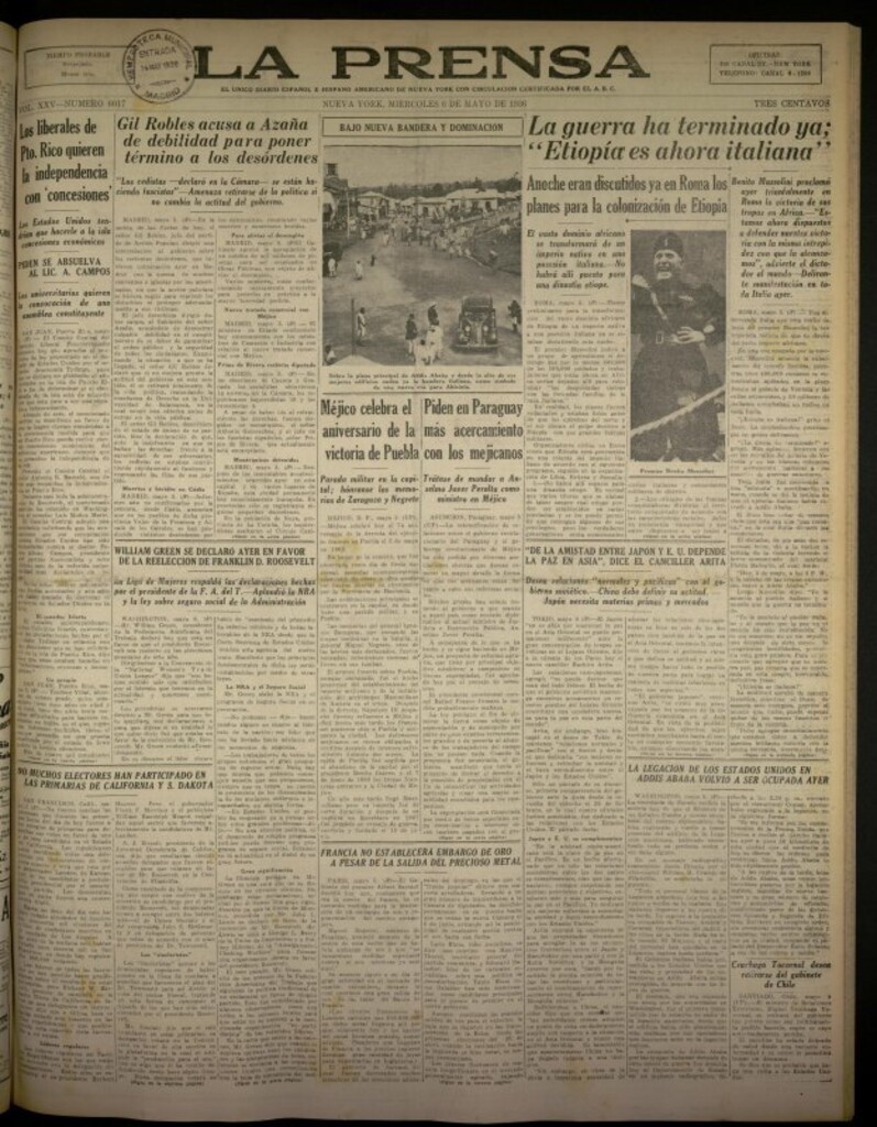 Miniatura de La Prensa: único diario español e hispano americano en Nueva York del 6 de mayo de 1936, nº 6017