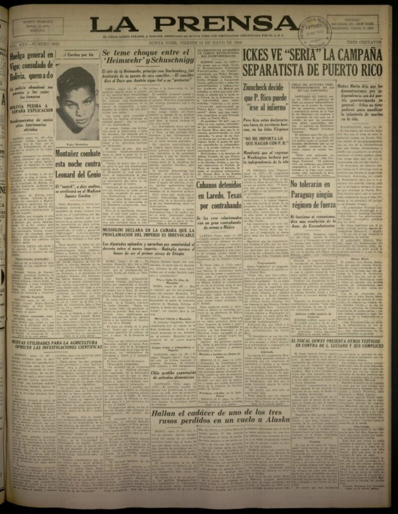 Miniatura de La Prensa: único diario español e hispano americano en Nueva York del 15 de mayo de 1936, nº 6025