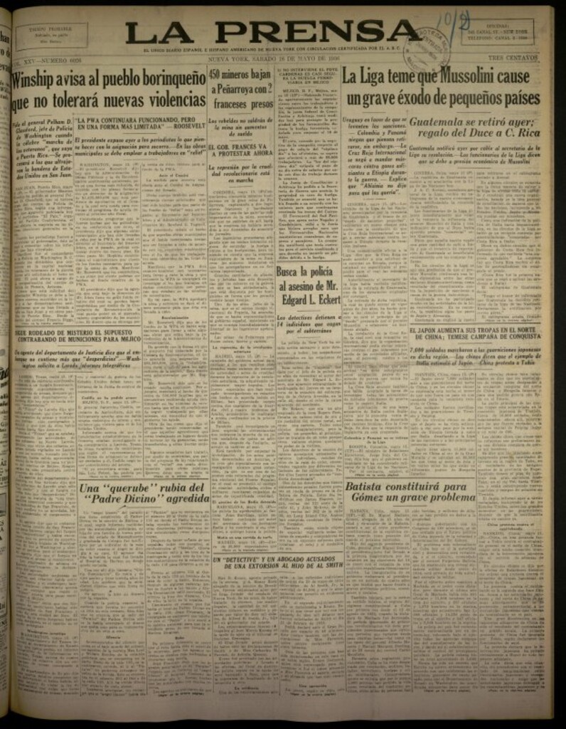 Miniatura de La Prensa: único diario español e hispano americano en Nueva York del 16 de mayo de 1936, nº 6026