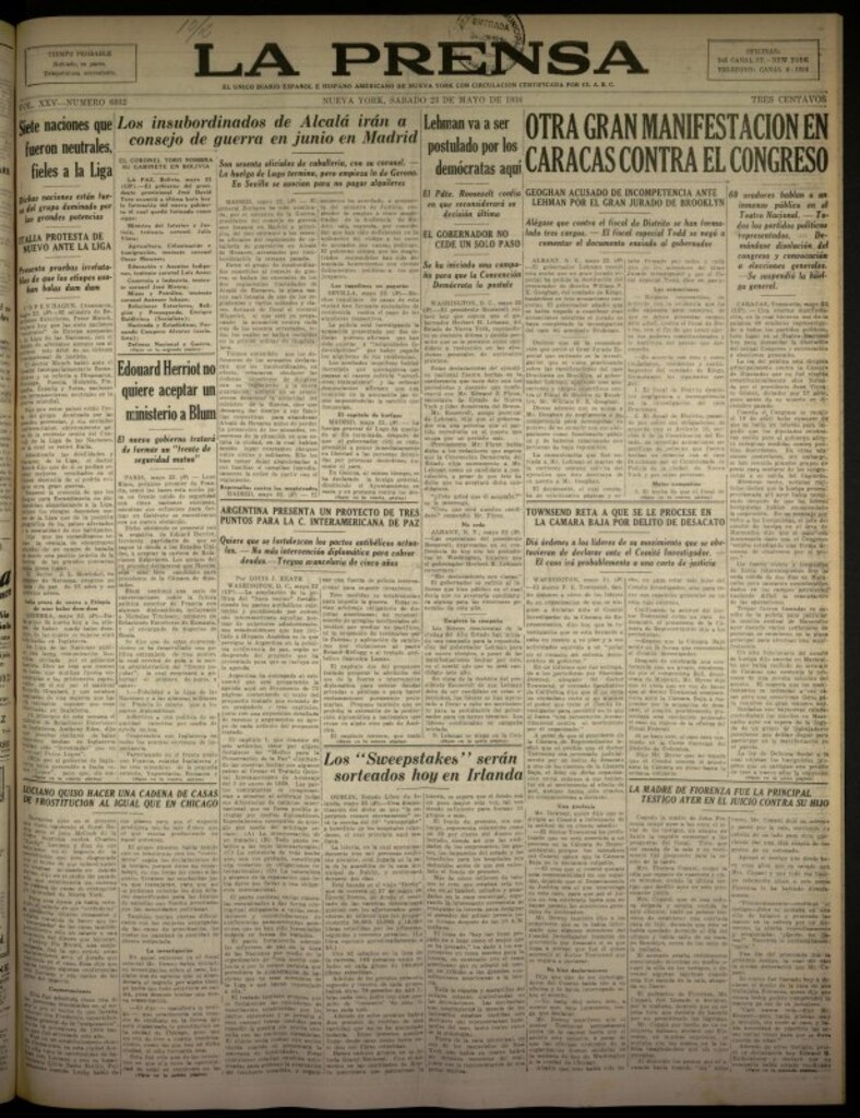 Miniatura de La Prensa: único diario español e hispano americano en Nueva York del 23 de mayo de 1936, nº 6032