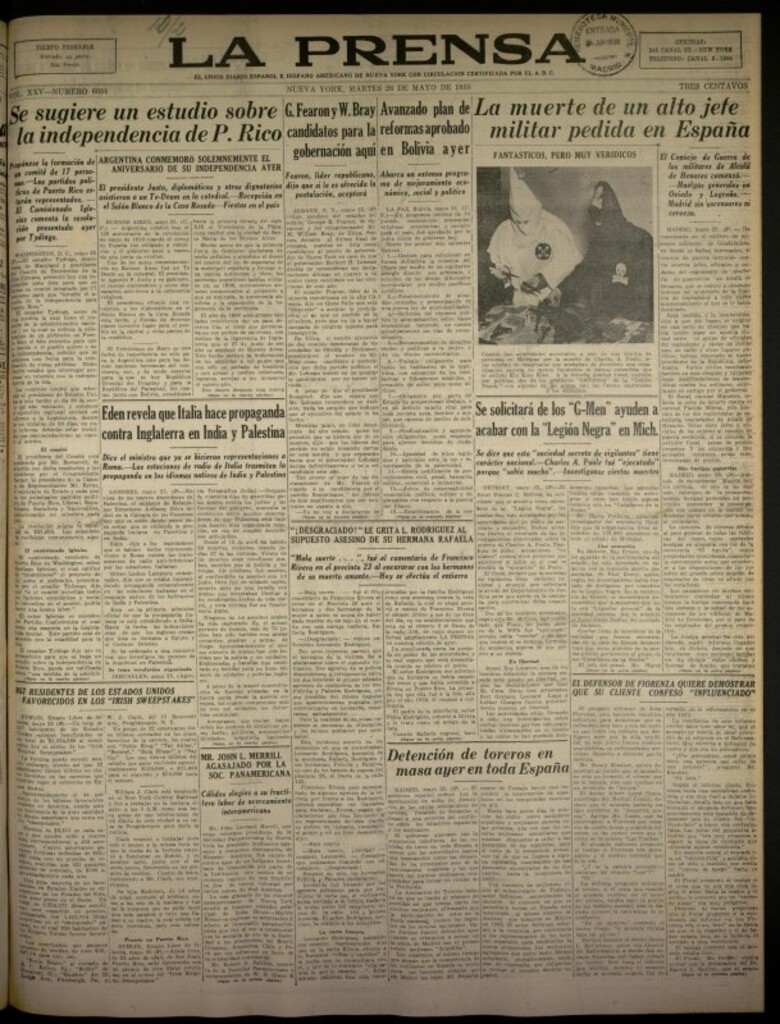 Miniatura de La Prensa: único diario español e hispano americano en Nueva York del 26 de mayo de 1936, nº 6034