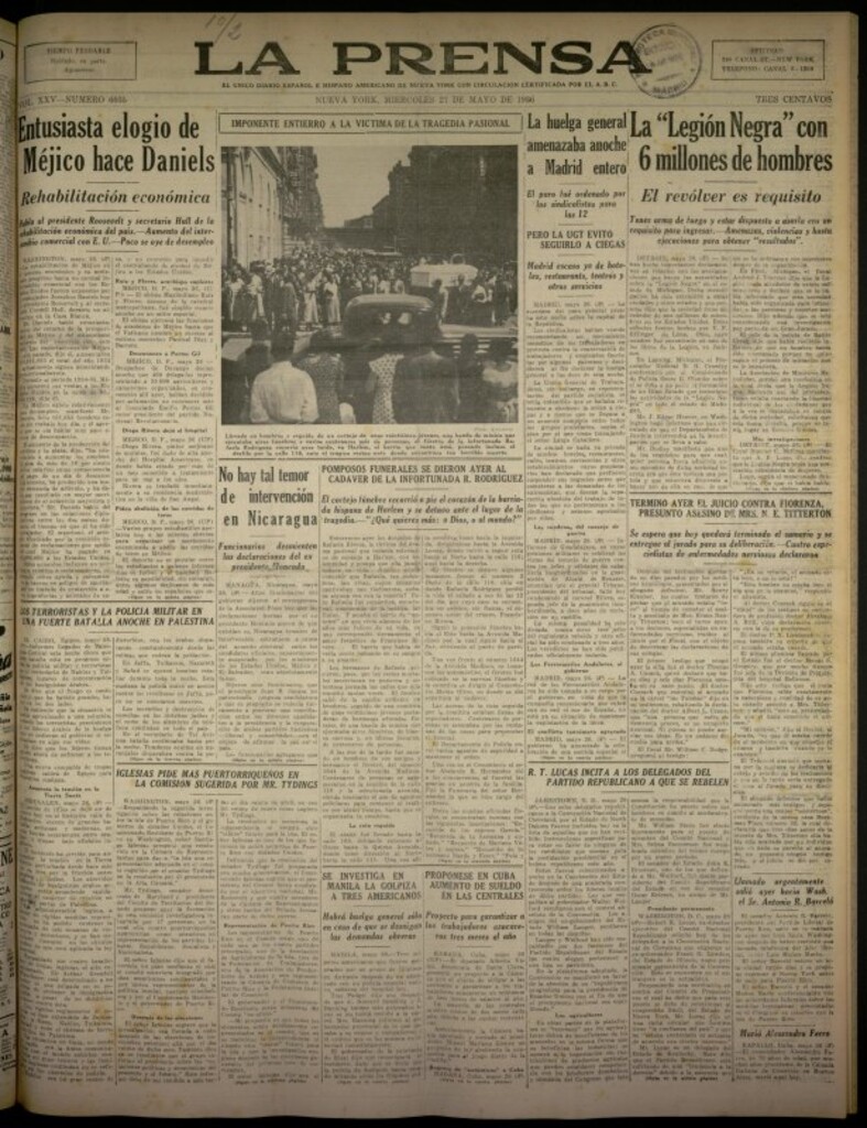 Miniatura de La Prensa: único diario español e hispano americano en Nueva York del 27 de mayo de 1936, nº 6035