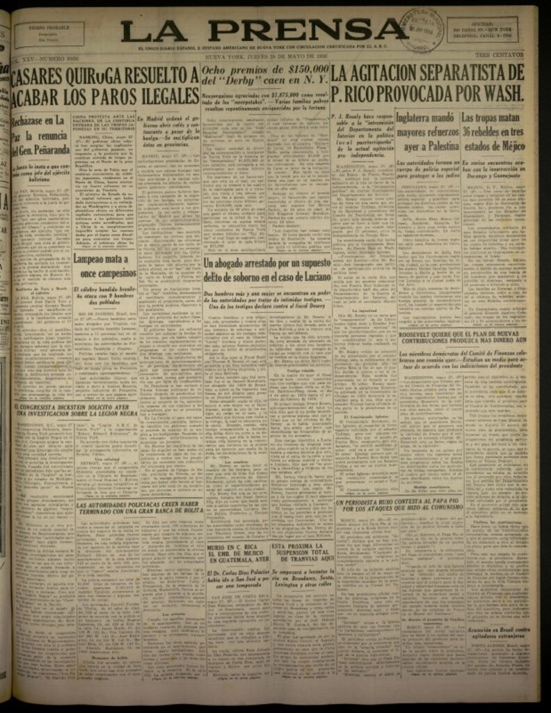 Miniatura de La Prensa: único diario español e hispano americano en Nueva York del 28 de mayo de 1936, nº 6036