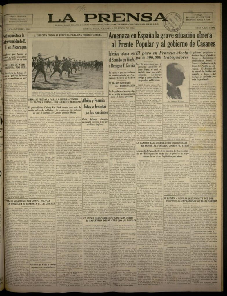 Miniatura de La Prensa: único diario español e hispano americano en Nueva York del 5 de junio de 1936, nº 6043