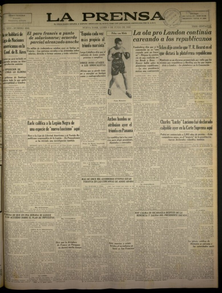 Miniatura de La Prensa: único diario español e hispano americano en Nueva York del 8 de junio de 1936, nº 6045