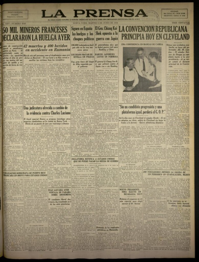 Miniatura de La Prensa: único diario español e hispano americano en Nueva York del 9 de junio de 1936, nº 6046
