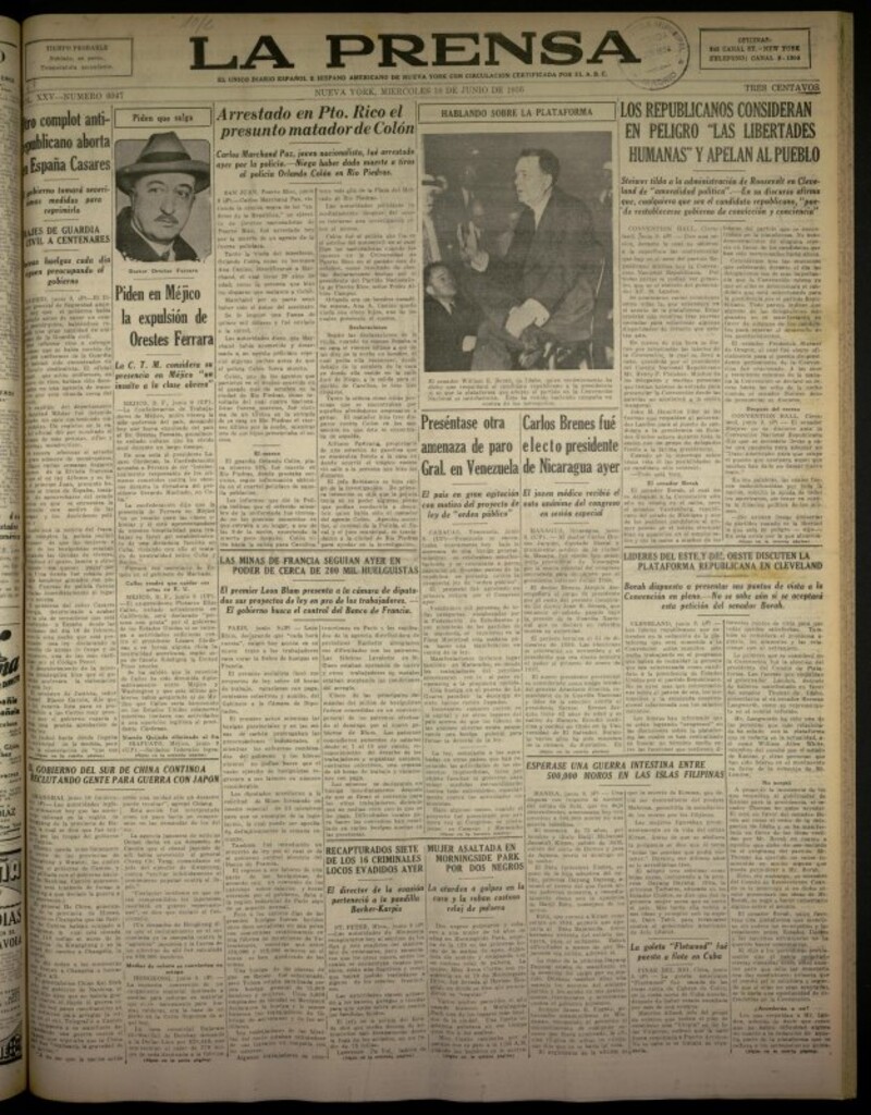 Miniatura de La Prensa: único diario español e hispano americano en Nueva York del 10 de junio de 1936, nº 6047