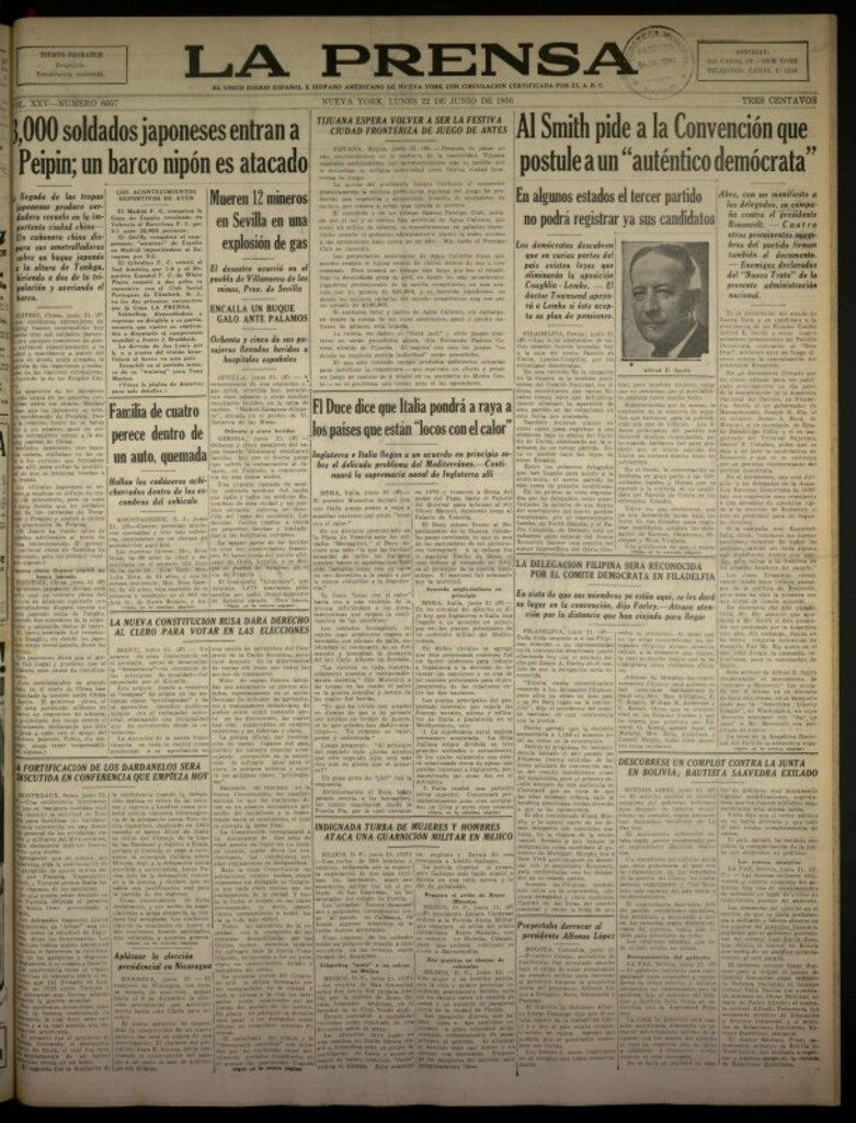 Miniatura de La Prensa: único diario español e hispano americano en Nueva York del 22 de junio de 1936, nº 6057