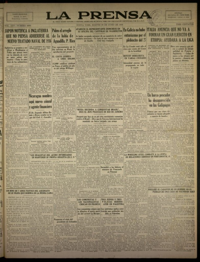 Miniatura de La Prensa: único diario español e hispano americano en Nueva York del 30 de junio de 1936, nº 6064