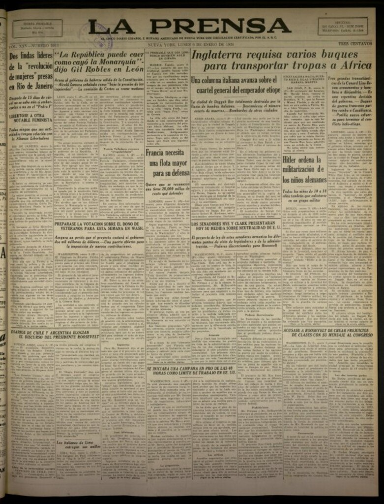 Miniatura de La Prensa: único diario español e hispano americano en Nueva York del 6 de enero de 1936, nº 5913