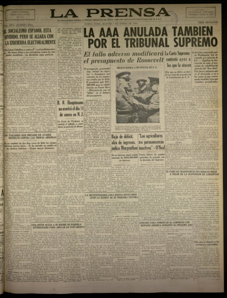 Miniatura de La Prensa: único diario español e hispano americano en Nueva York del 7 de enero de 1936, nº 5914