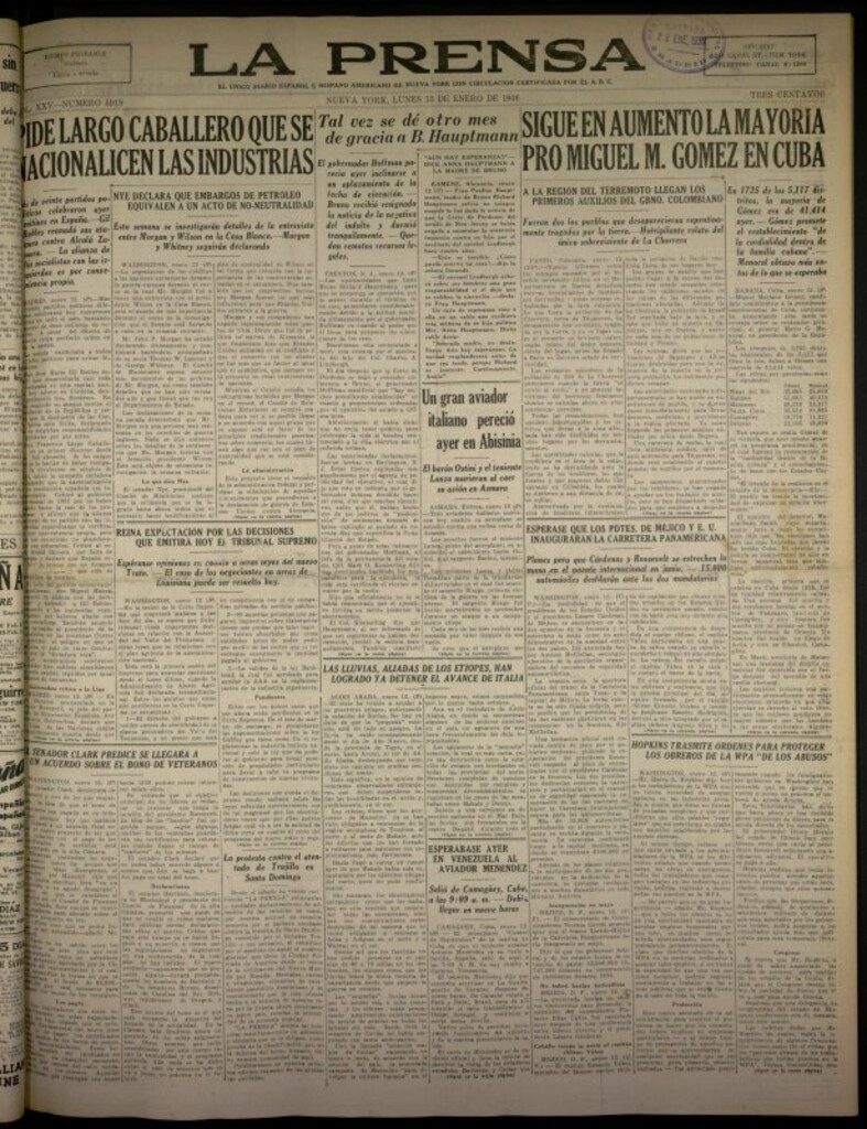Miniatura de La Prensa: único diario español e hispano americano en Nueva York del 13 de enero de 1936, nº 5919