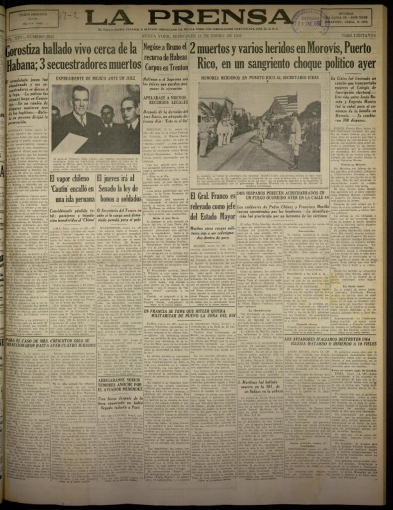Miniatura de La Prensa: único diario español e hispano americano en Nueva York del 15 de enero de 1936, nº 5921