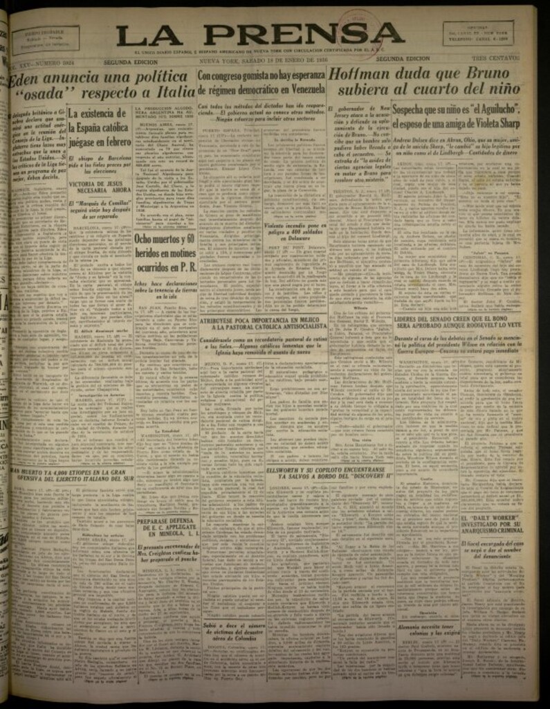 Miniatura de La Prensa: único diario español e hispano americano en Nueva York del 18 de enero de 1936, nº 5924