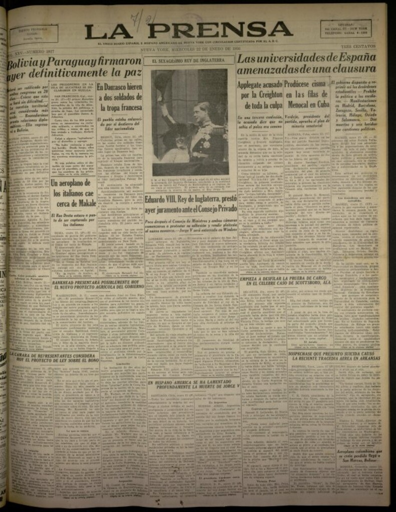 Miniatura de La Prensa: único diario español e hispano americano en Nueva York del 22 de enero de 1936, nº 5927