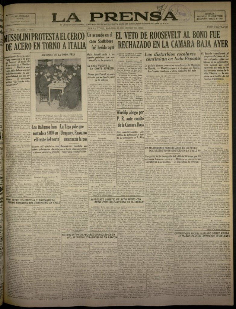 Miniatura de La Prensa: único diario español e hispano americano en Nueva York del 25 de enero de 1936, nº 5930