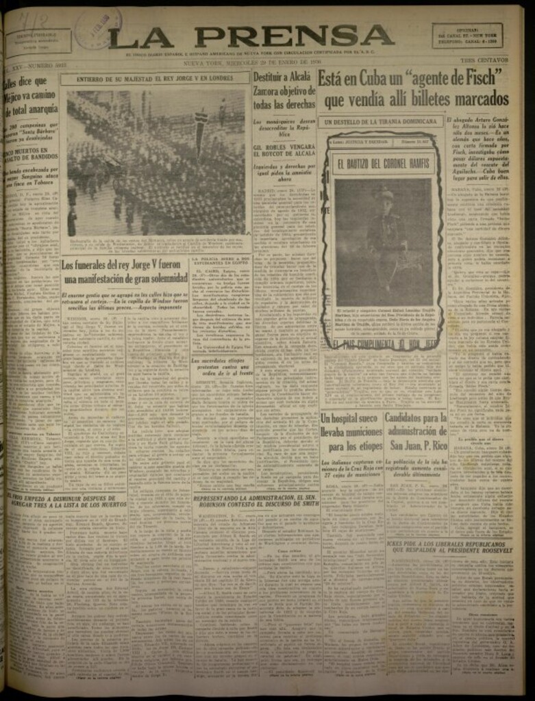 Miniatura de La Prensa: único diario español e hispano americano en Nueva York del 29 de enero de 1936, nº 5933