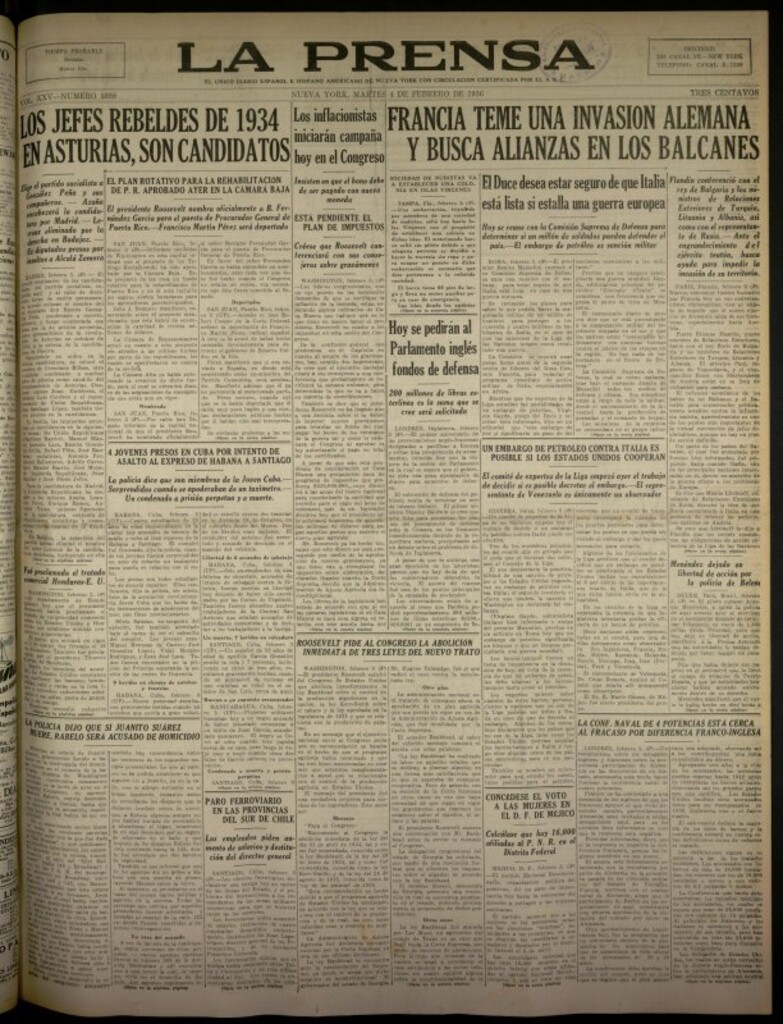 Miniatura de La Prensa: único diario español e hispano americano en Nueva York del 4 de febrero de 1936, nº 5938