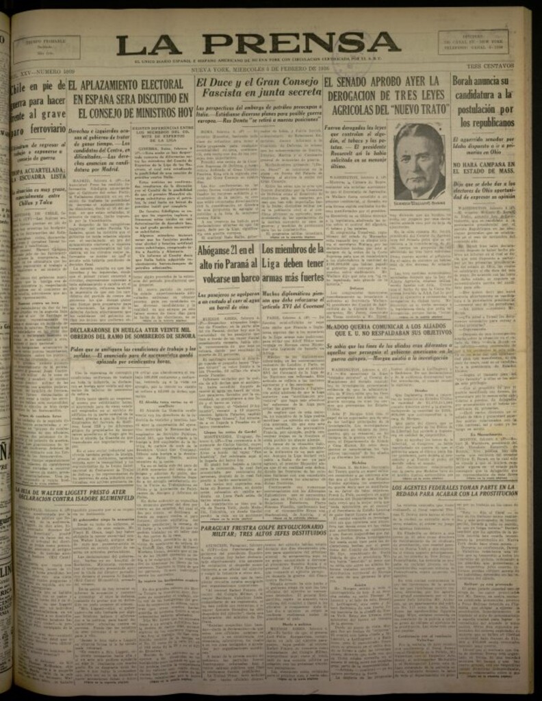 Miniatura de La Prensa: único diario español e hispano americano en Nueva York del 5 de febrero de 1936, nº 5939