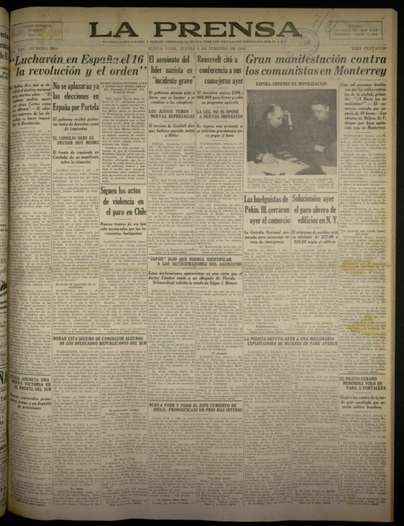 Miniatura de La Prensa: único diario español e hispano americano en Nueva York del 6 de febrero de 1936, nº 5940