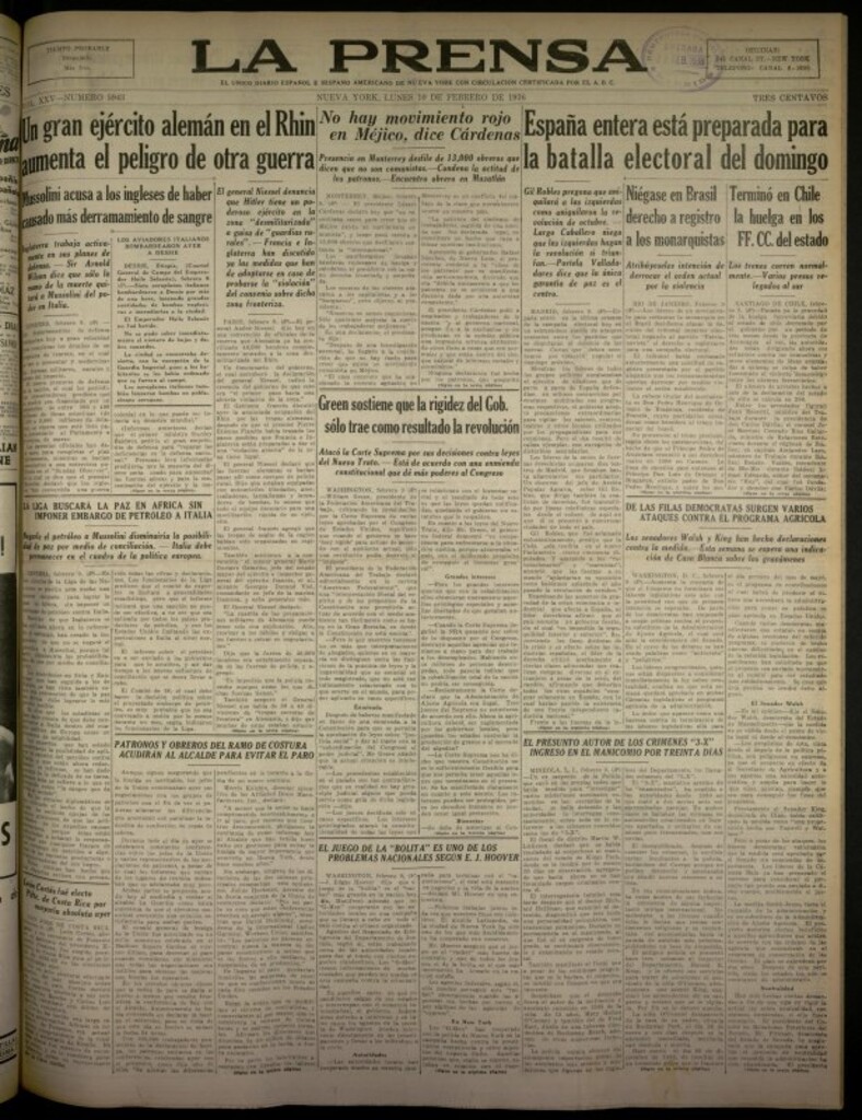 Miniatura de La Prensa: único diario español e hispano americano en Nueva York del 10 de febrero de 1936, nº 5943